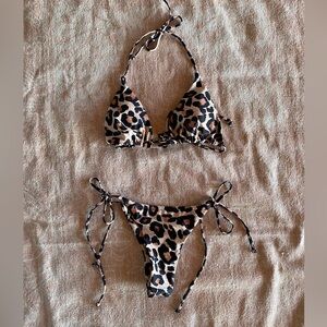 Leopard Print Bikini String Ties Set Gathered Back Excellent Condition